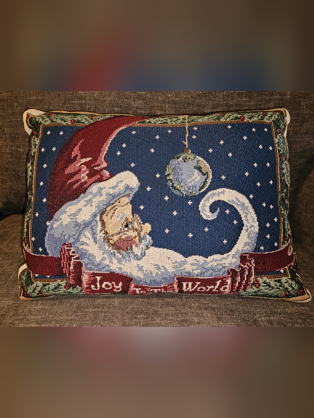 Vintage Tapestry Moon Santa Joy to the World Throw Pillow Holiday Decor 16"x10"